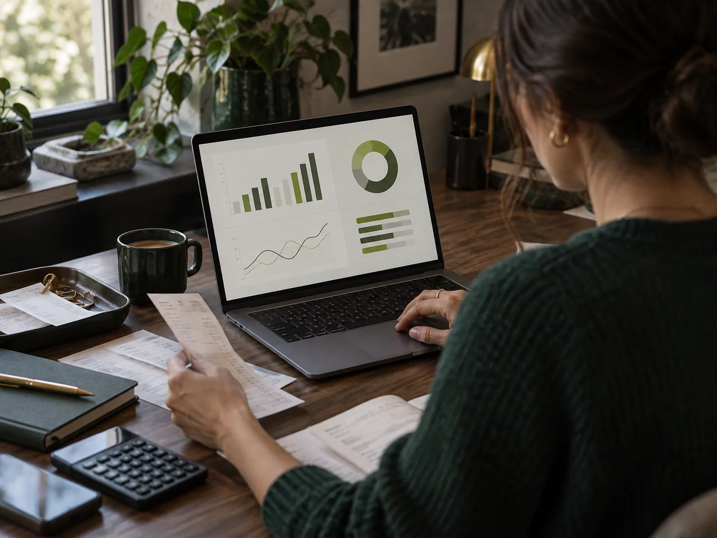 Business owner reviewing an account dashboard and receipts
